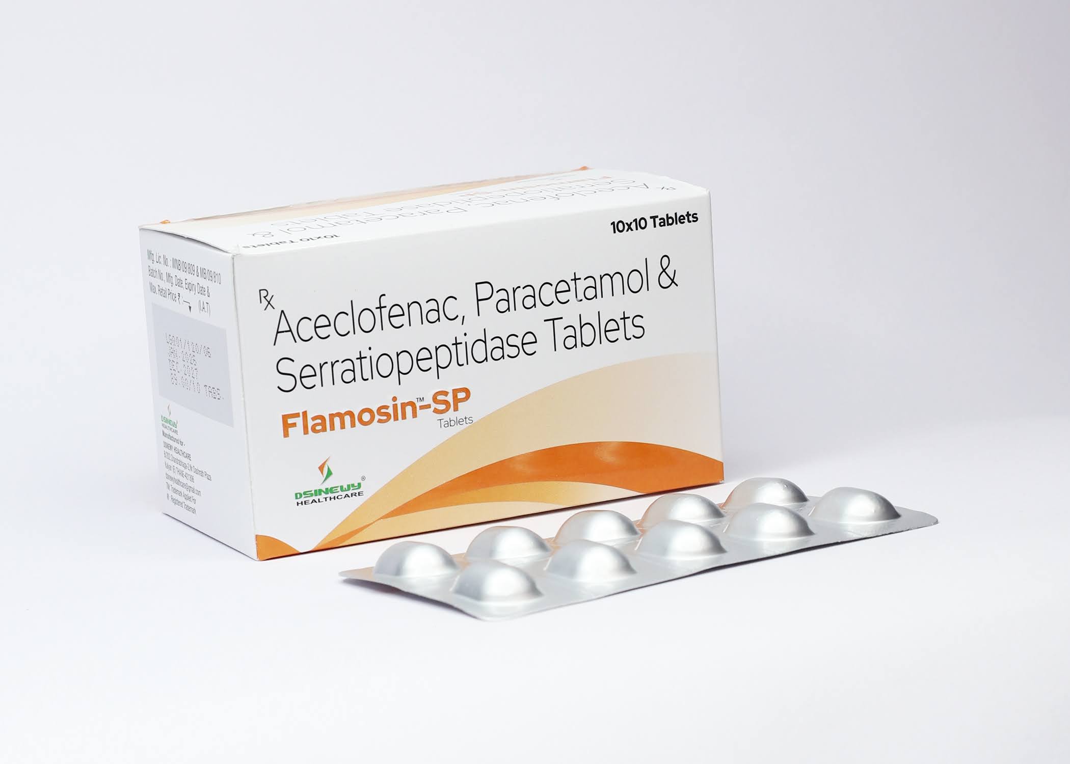 Flamosin-SP aceclofenac paracetamol serratiopeptidase tablets box and strip