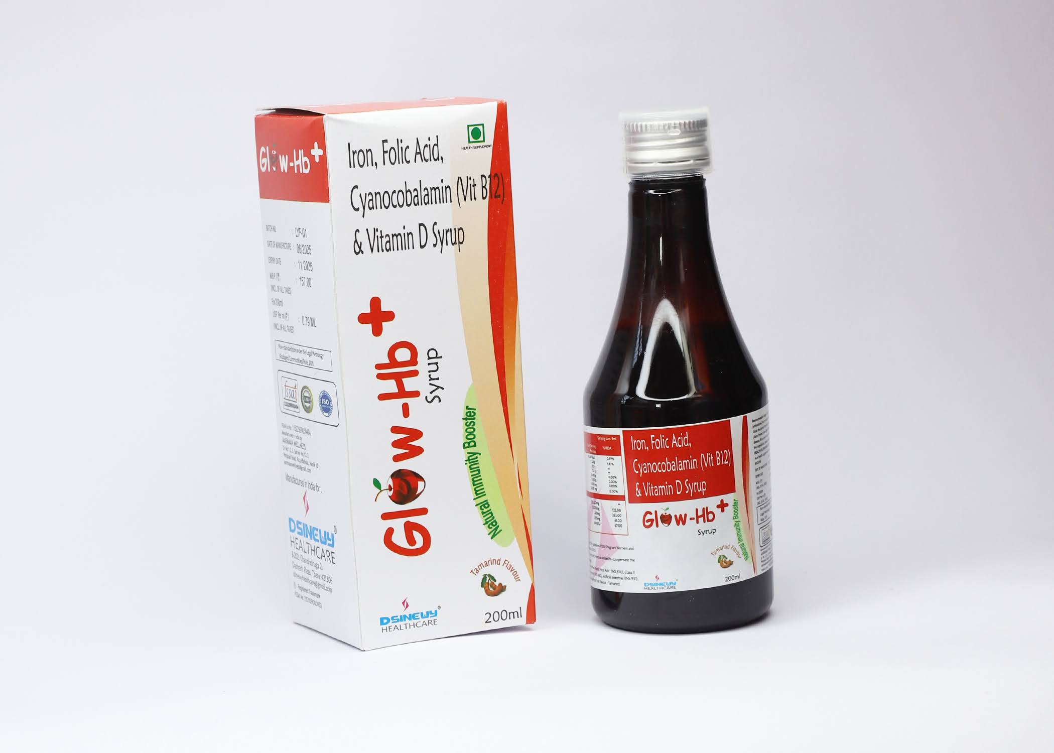 Glow-Hb iron folic acid vitamin B12 vitamin D syrup bottle with packaging