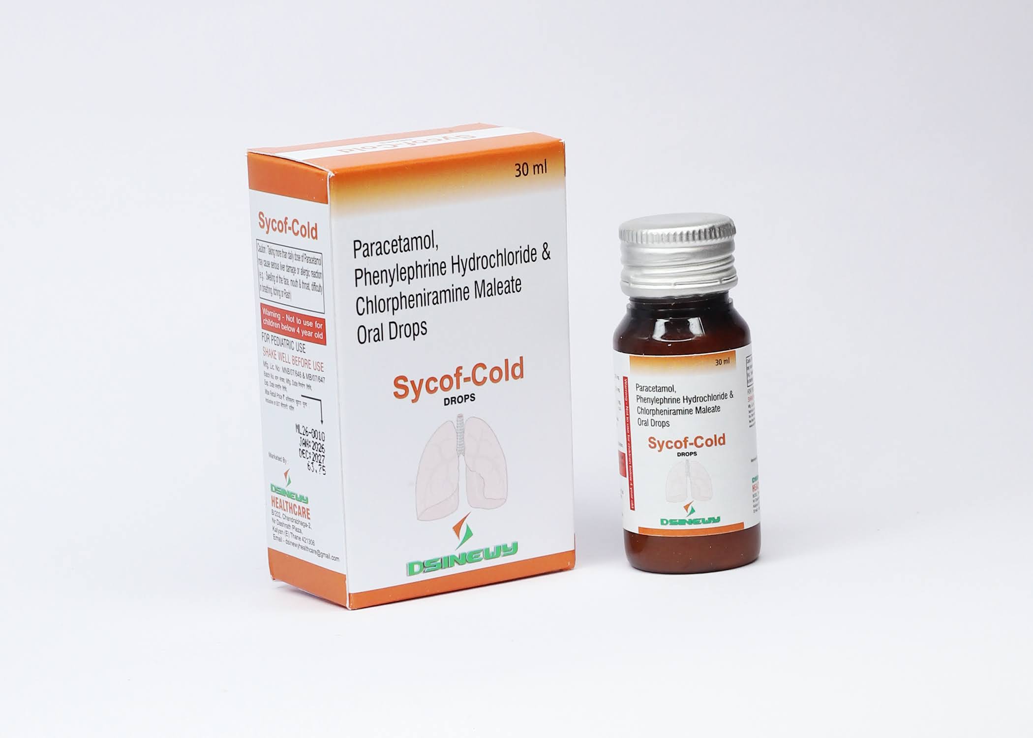 Sycof-Cold paracetamol phenylephrine chlorpheniramine oral drops bottle and box