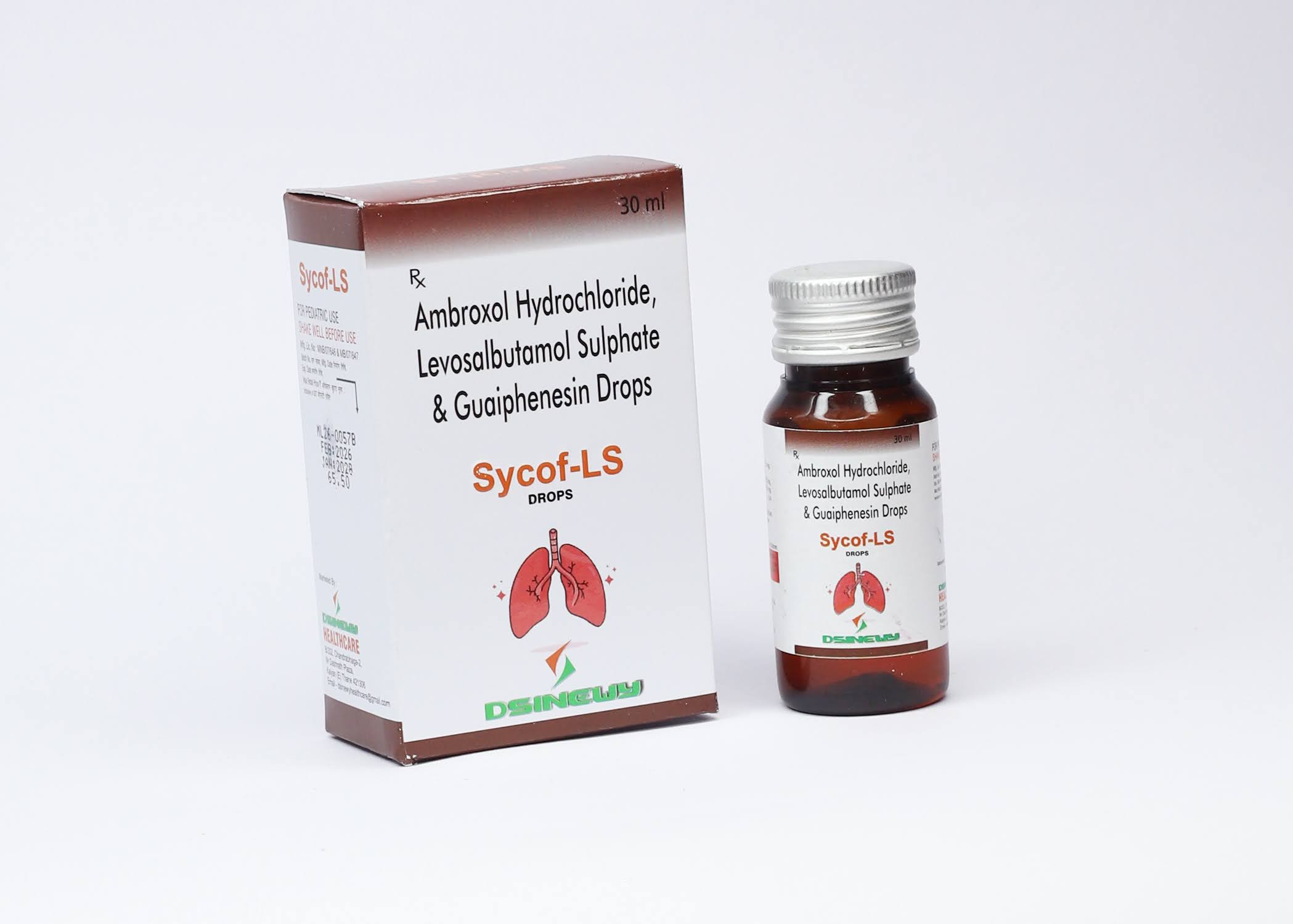 Sycof-LS ambroxol levosalbutamol guaiphenesin drops bottle with packaging